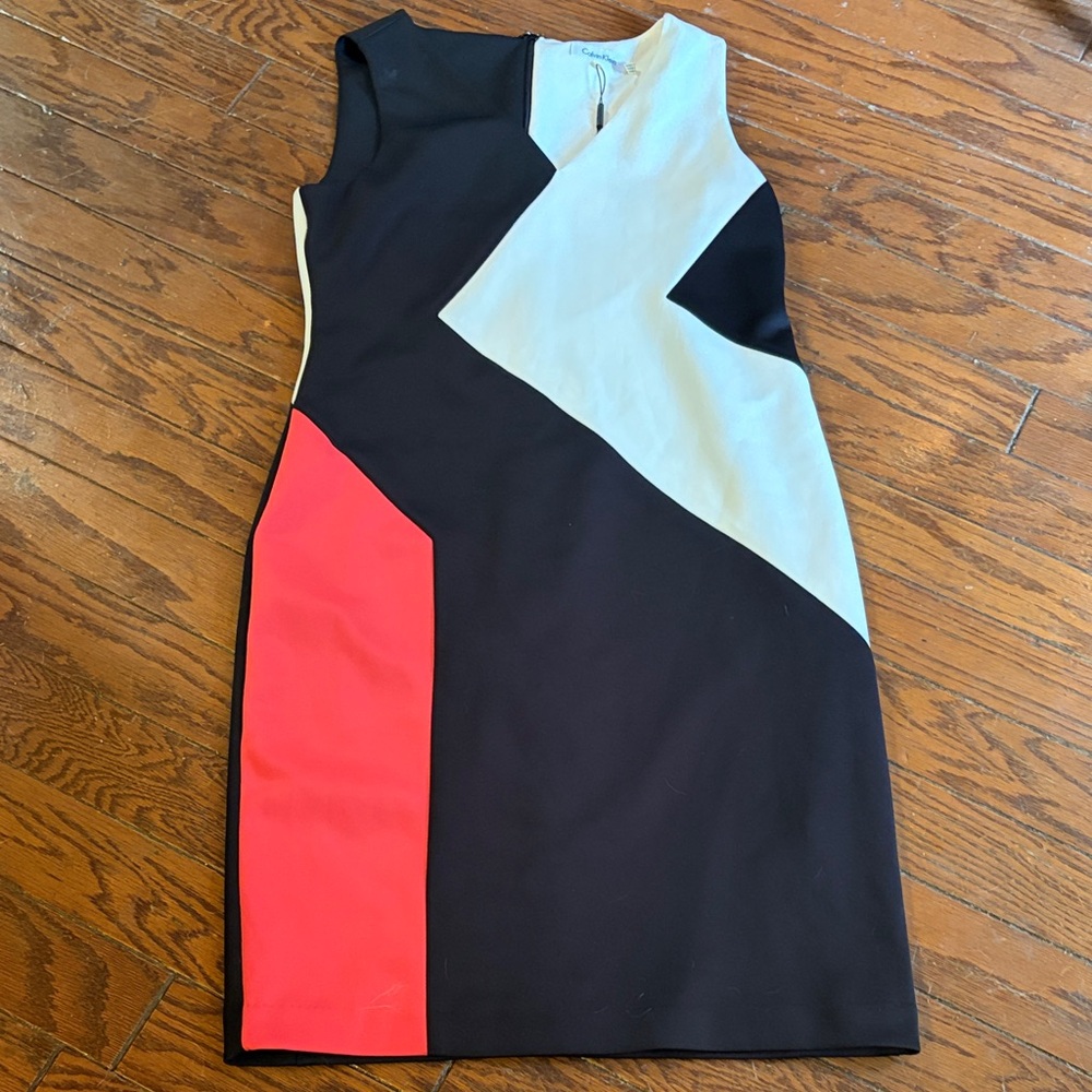 Calvin Klein Black, Cream & Coral Blocked Sleeveless Mini Dress